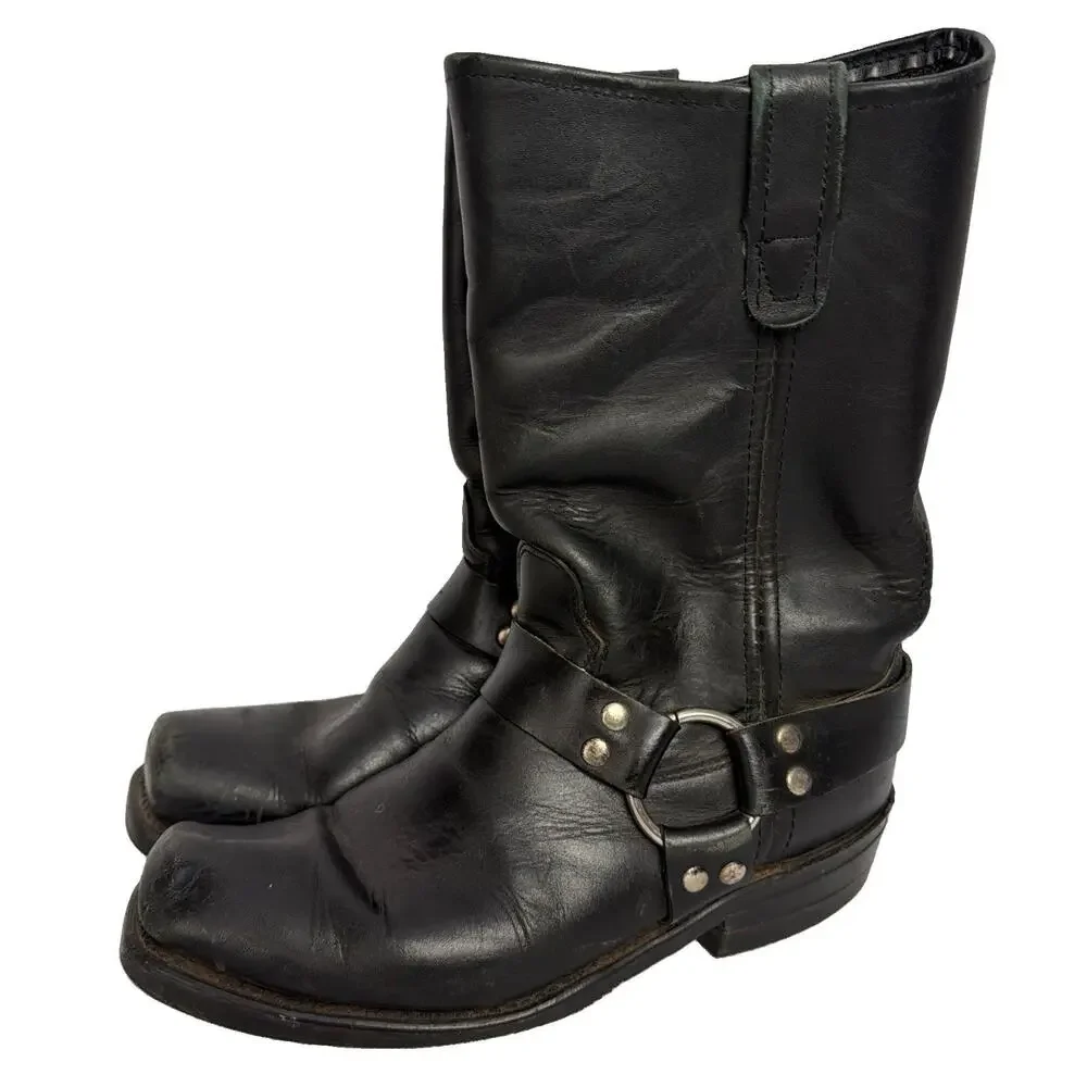 Double H Biker Boots Men Black Leather Square Toe Distressed Motorcycle 8.5